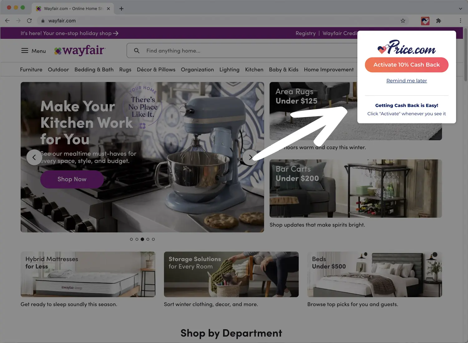 The Price.com Extension at work on Wayfair