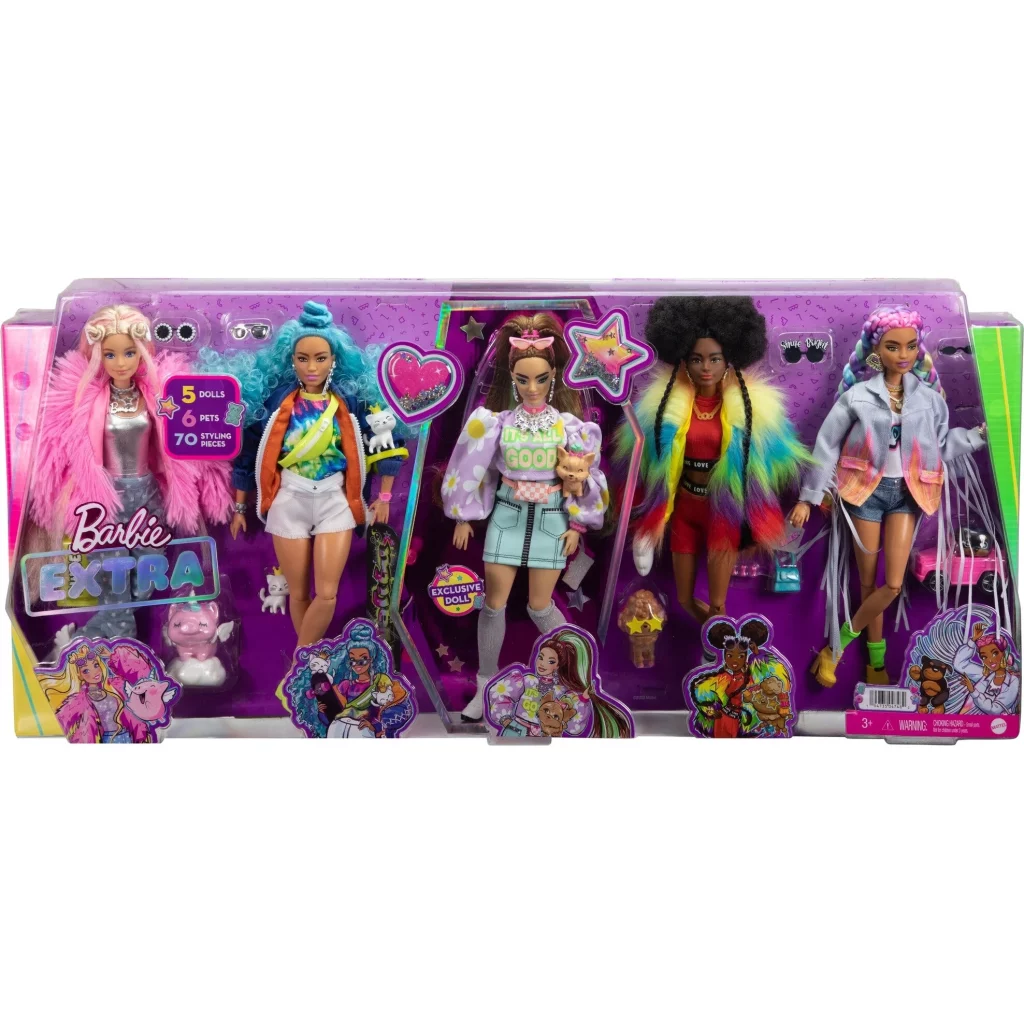 Barbie Extra 5-Doll Set with 6 Pets & 70 Styling Pieces